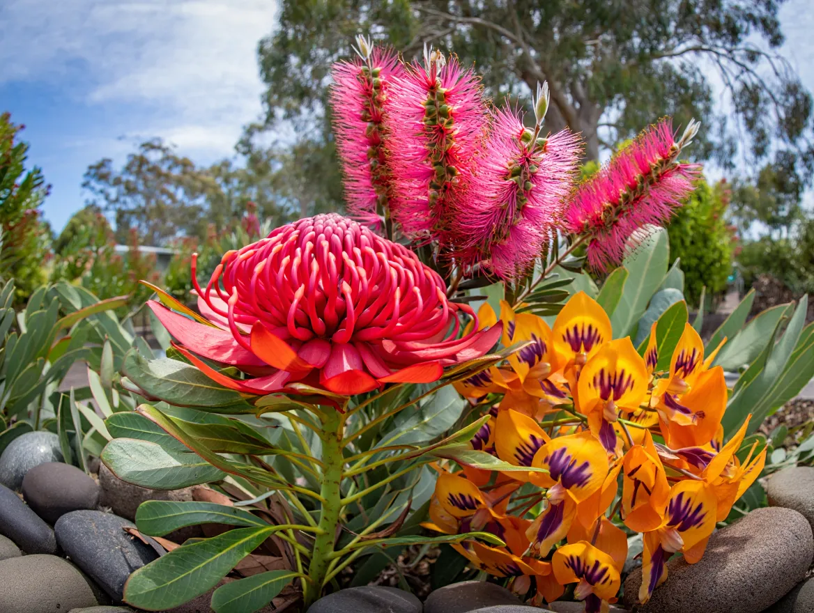 Colorful Australian native flowers in a garden setting