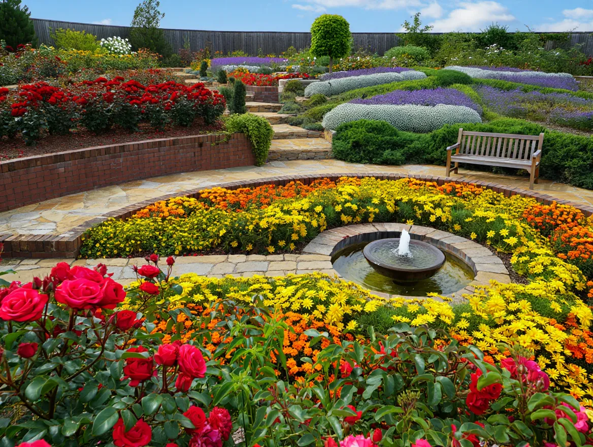 Beautiful organized garden with colorful flower zones